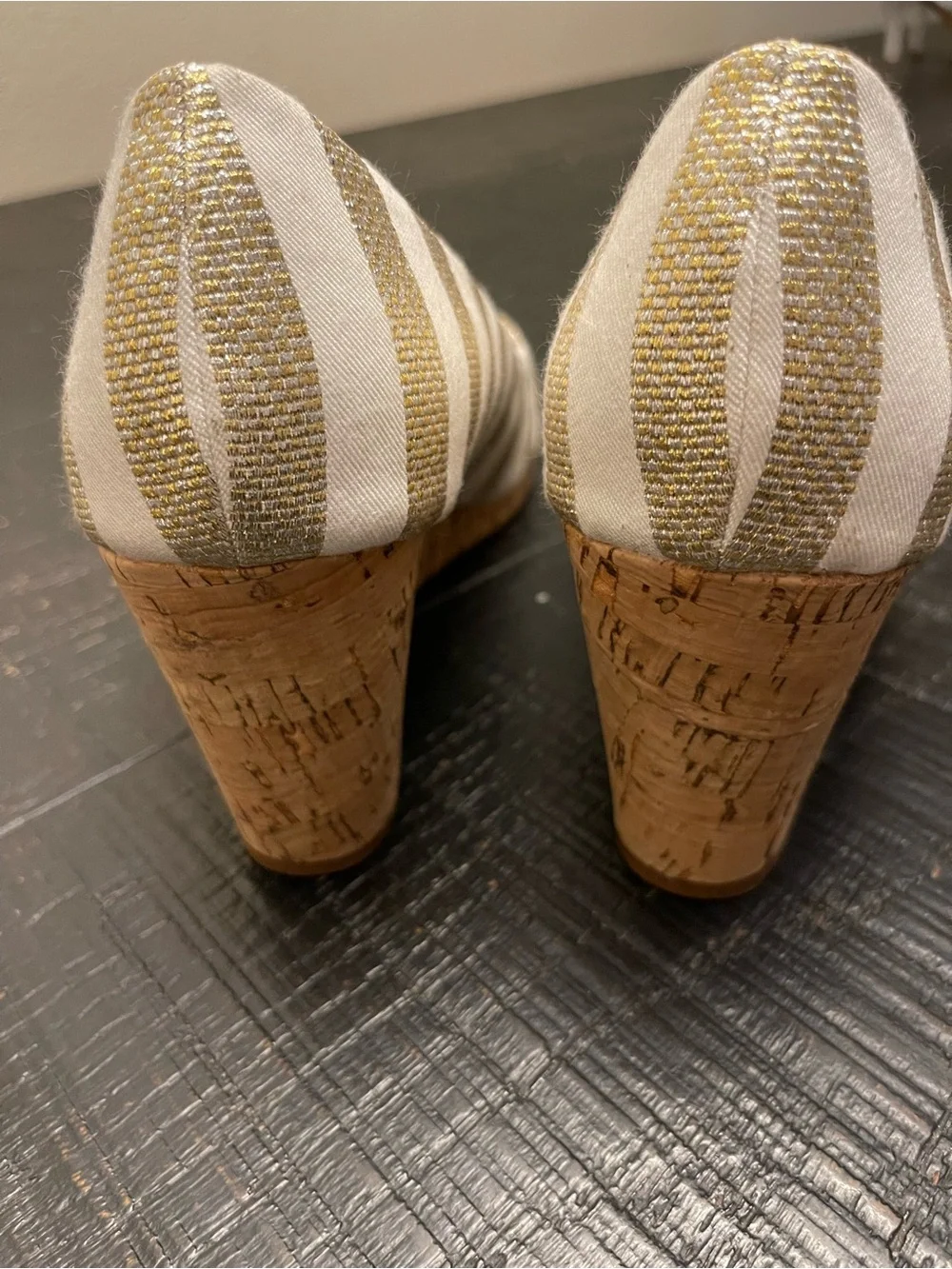 Wedge Peep-Toe Pumps in Cream and Gold Stripe